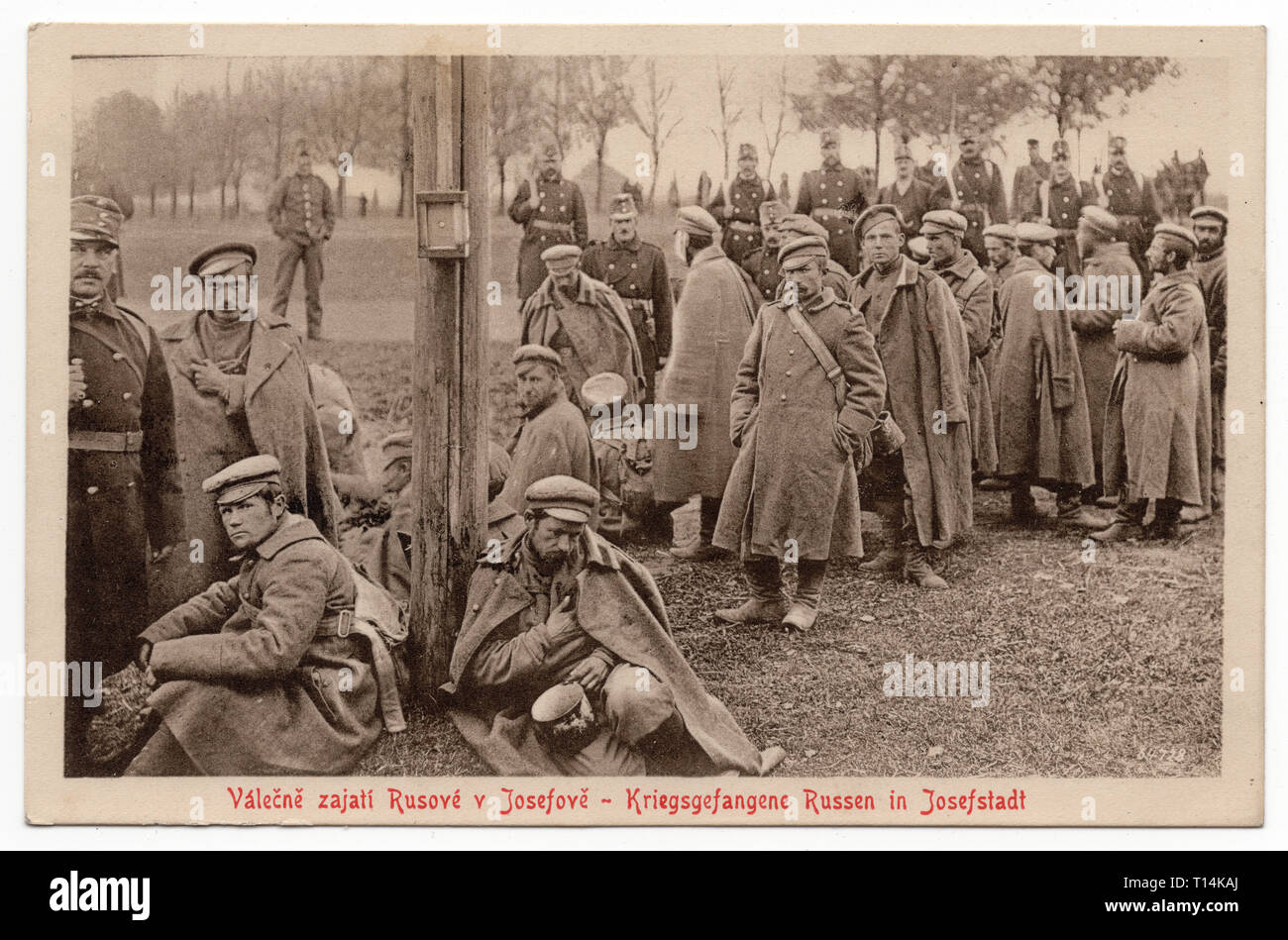 Russian prisoners of war in the Austro-Hungarian POW Camp Josefstadt (now Josefov near Jaroměř in Central Bohemia, Czech Republic) during the First World War depicted in the vintage postcard issued by local publisher Jindřich Kratochvíl in 1918. Courtesy of the Azoor Postcard Collection. Stock Photo