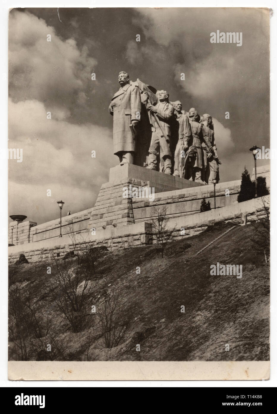 Stalin's Monument in Prague, Czechoslovakia, depicted in the Czechoslovak vintage postcard issued in 1955. Courtesy of the Azoor Postcard Collection. Stock Photo