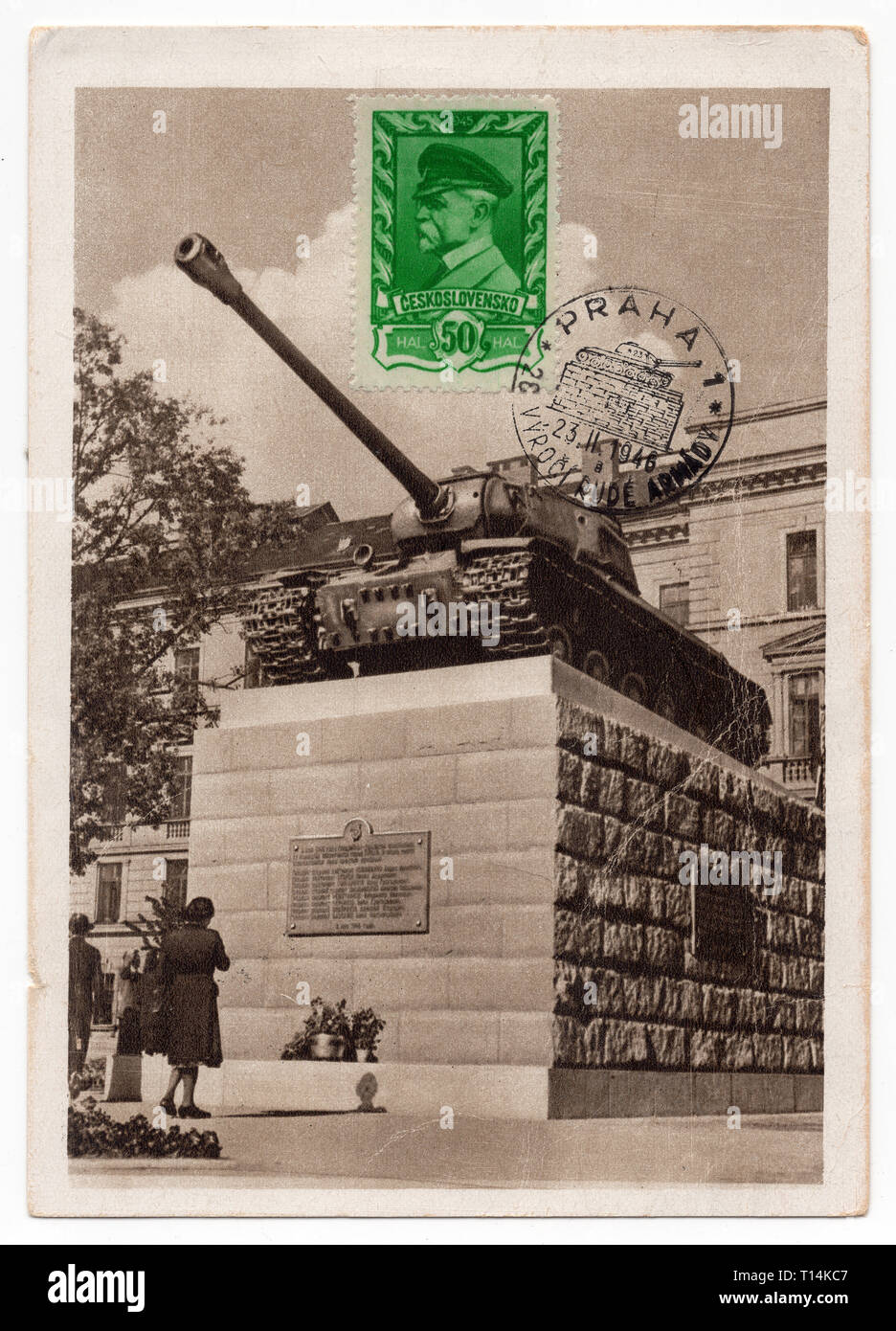 Monument to Soviet Tank Crews (Památník sovětských tankistů) in Prague, Czechoslovakia, depicted in the Czechoslovak vintage postcard issued before 1946. The monument was unveiled in July 1945 to commemorate the Soviet tank T-34 number 24 which entered into Prague as the first one at the morning on 9 May 1945. In fact a Soviet heavy tank IS-2 was installed on the pedestal and the number was wrongly changed to 23. The monument later known as the Pink Tank was removed in June 1991. Courtesy of the Azoor Postcard Collection. Stock Photo