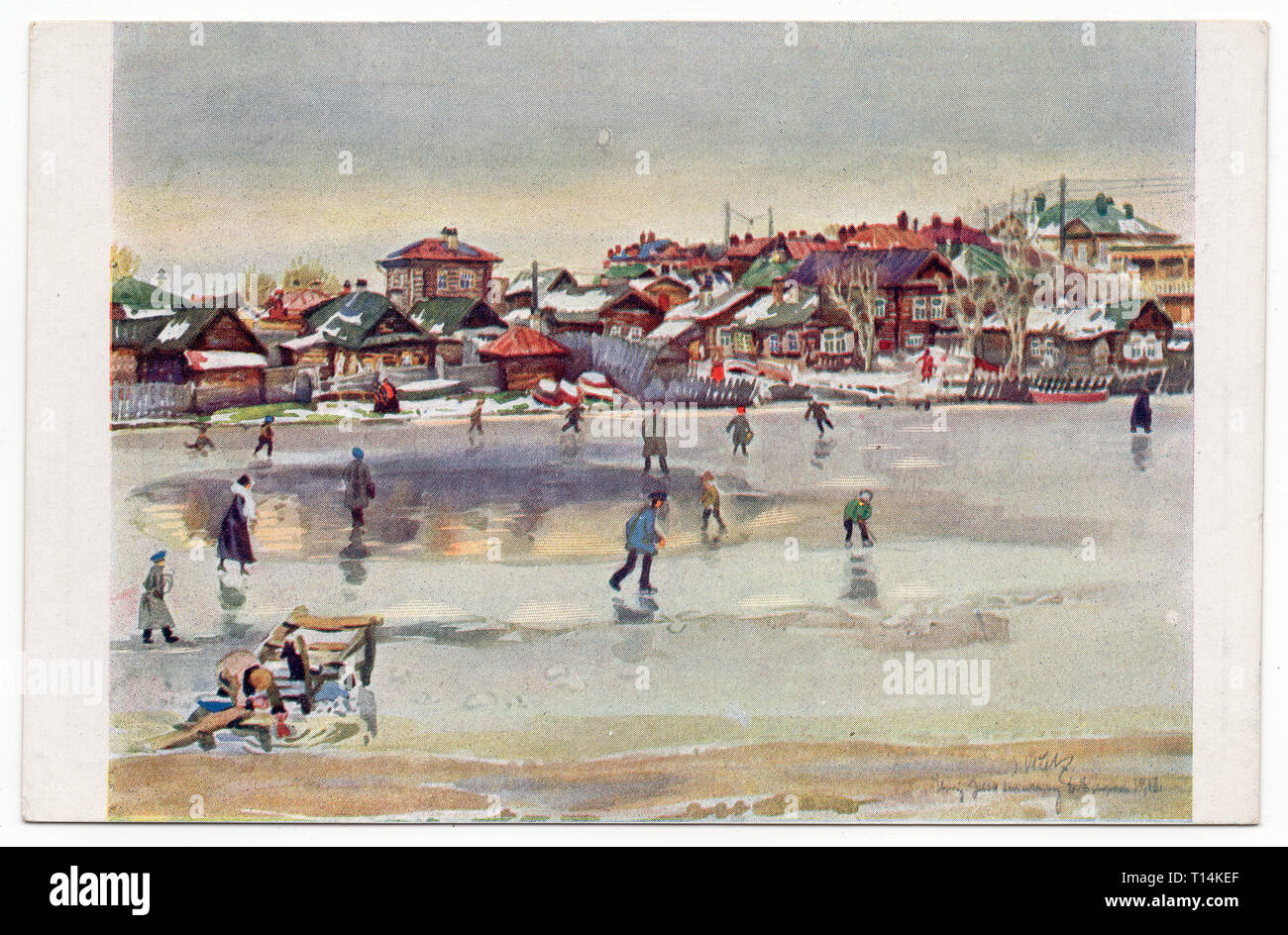 People ice skating on the frozen river in Yekaterinburg, Russia, depicted in the watercolour painting by Czech artist Jindřich Vlček (1918) printed on the Czechoslovak vintage postcard from the series 'Pictures from the life and fights of the Czechoslovak legions in Russia' ('Pohledy ze života a bojů československých legií v Rusku') issued in Czechoslovakia in the 1920s. Courtesy of the Azoor Postcard Collection. Stock Photo