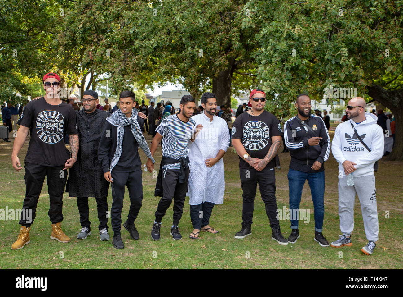 Christchurch, Canterbury, New Zealand, March 22 2019: Mongrel Mob gang members show support and friendship to muslim people at the prayer service in H Stock Photo