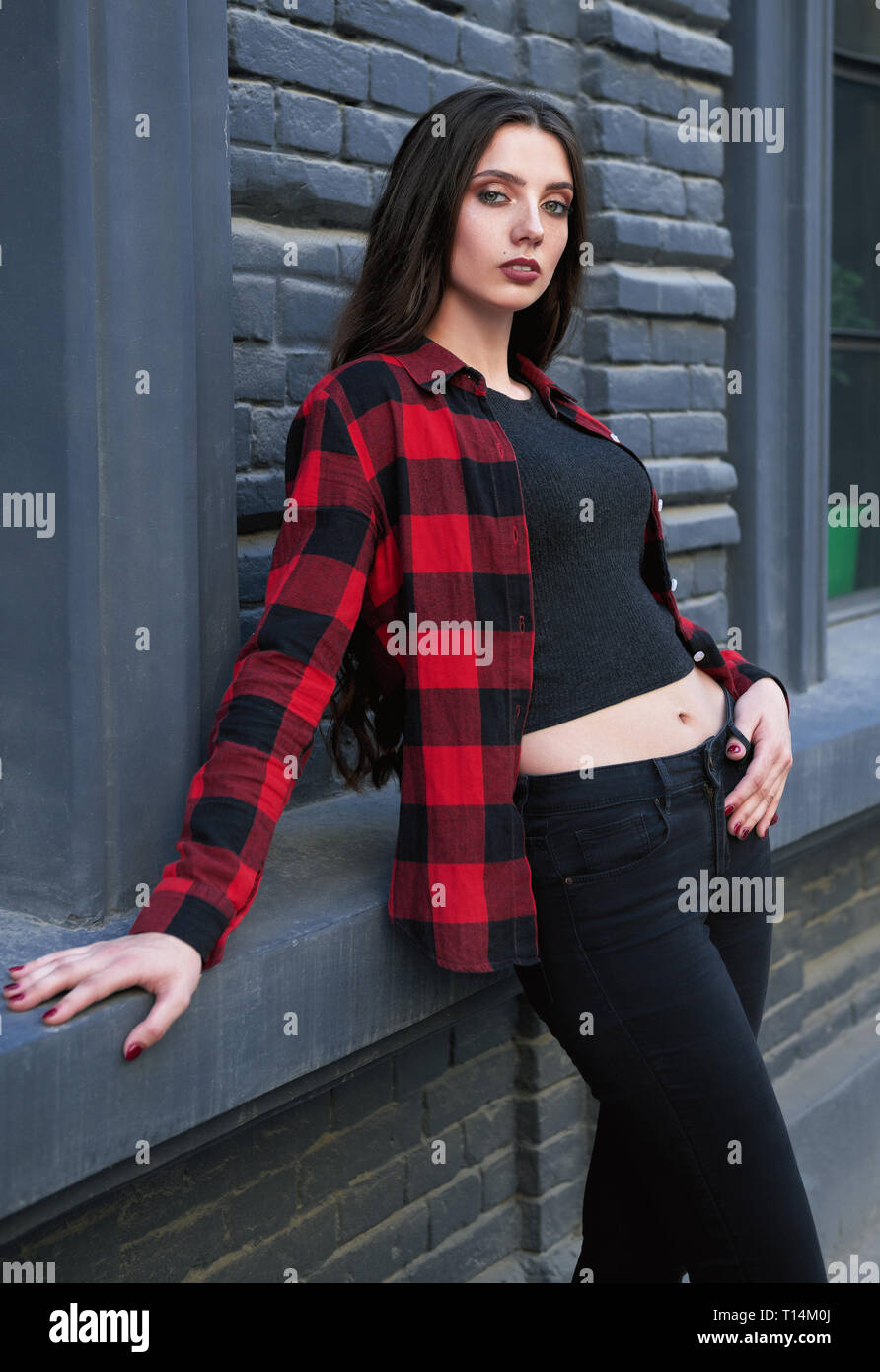red check shirt black jeans