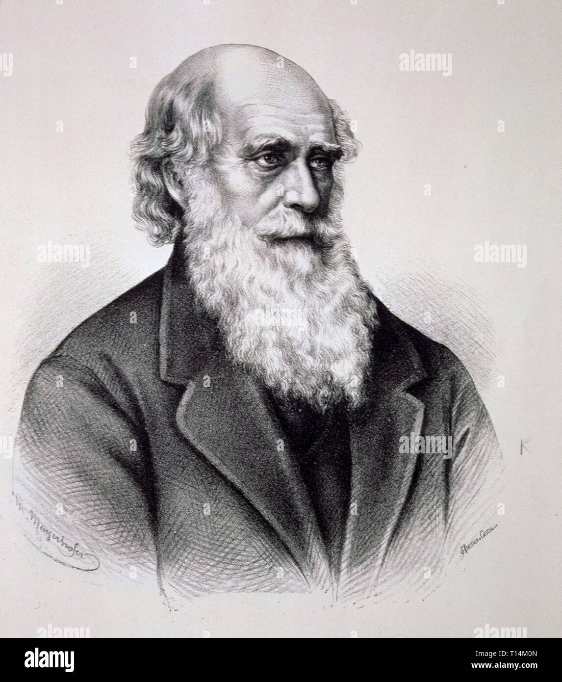 DARWIN, CHARLES ROBERT BIOLOGO INGLES. 1809-1882 LITOGRAFIA BIBLIOTECA NACIONAL. MADRID. Stock Photo
