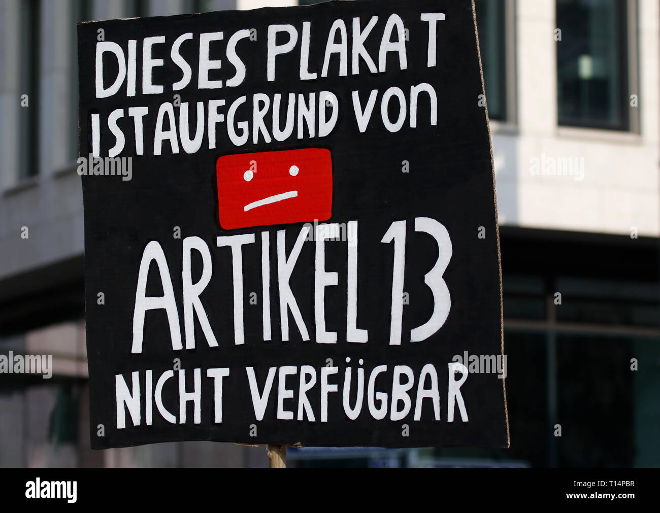 Frankfurt, Germany. 23rd Mar, 2019. A protester holds up a sign that reads 'This sign is not available because of article 13'. More than 15,000 protesters marched through Frankfurt calling for the Internet to remain free and to not to pass the new EU Copyright Directive into law. The protest was part of a Germany wide day of protest against the EU directive. Credit: Michael Debets/Pacific Press/Alamy Live News Stock Photo