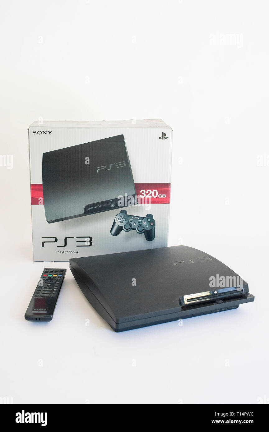 photos of an old Sony PS3 gaming games console. Stock Photo