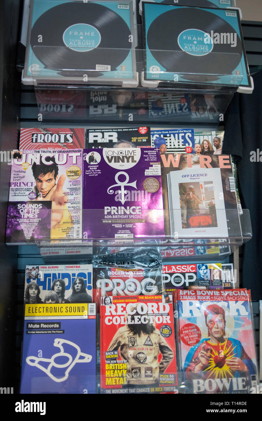 Photos of music magazines in a shop Stock Photo