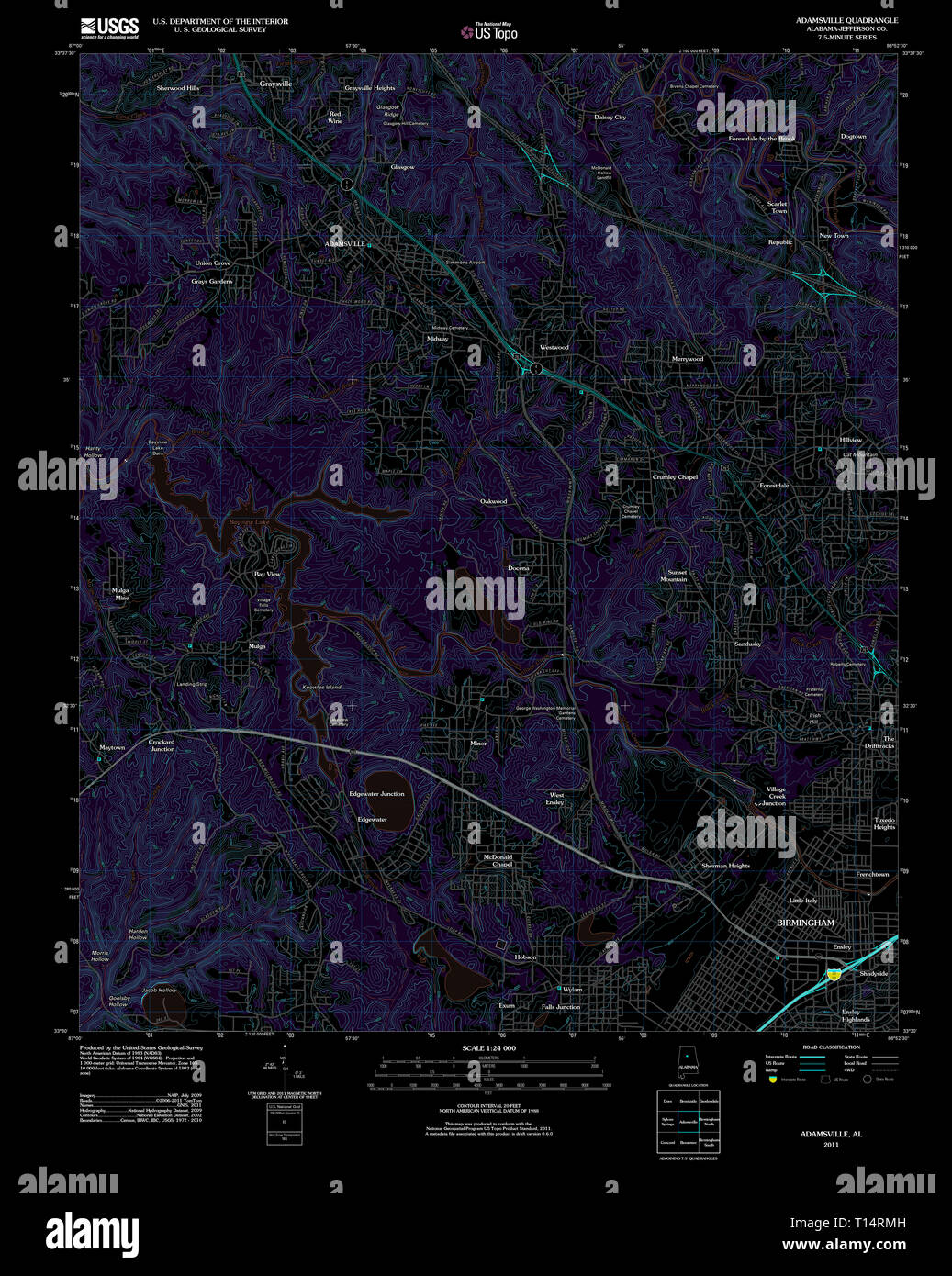 USGS TOPO Map Alabama AL Adamsville 20110921 TM Inverted Stock Photo