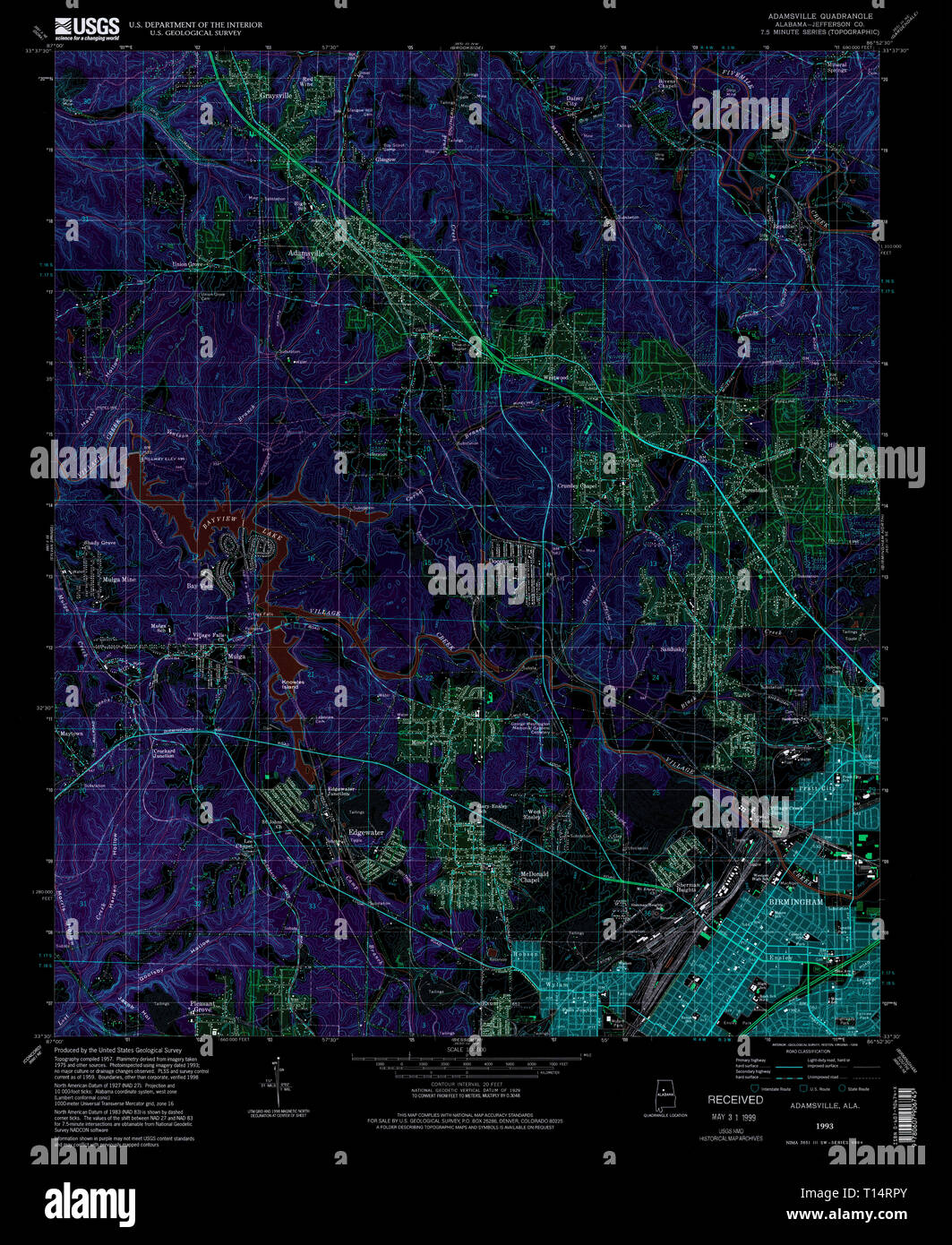 USGS TOPO Map Alabama AL Adamsville 303069 1993 24000 Inverted Stock Photo