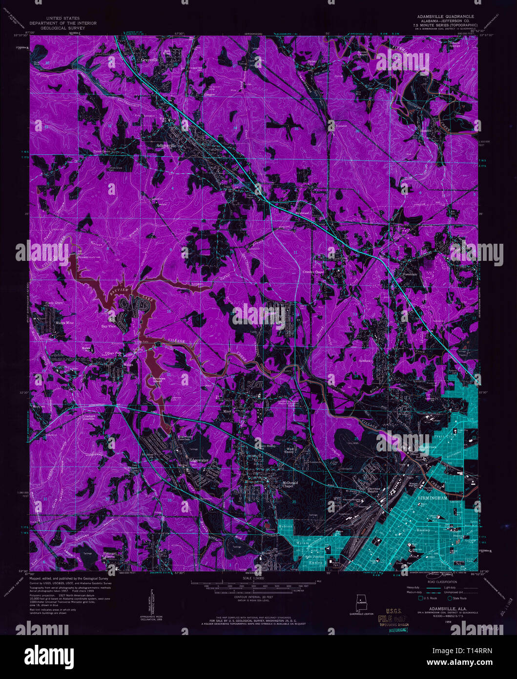 USGS TOPO Map Alabama AL Adamsville 303071 1959 24000 Inverted Stock Photo
