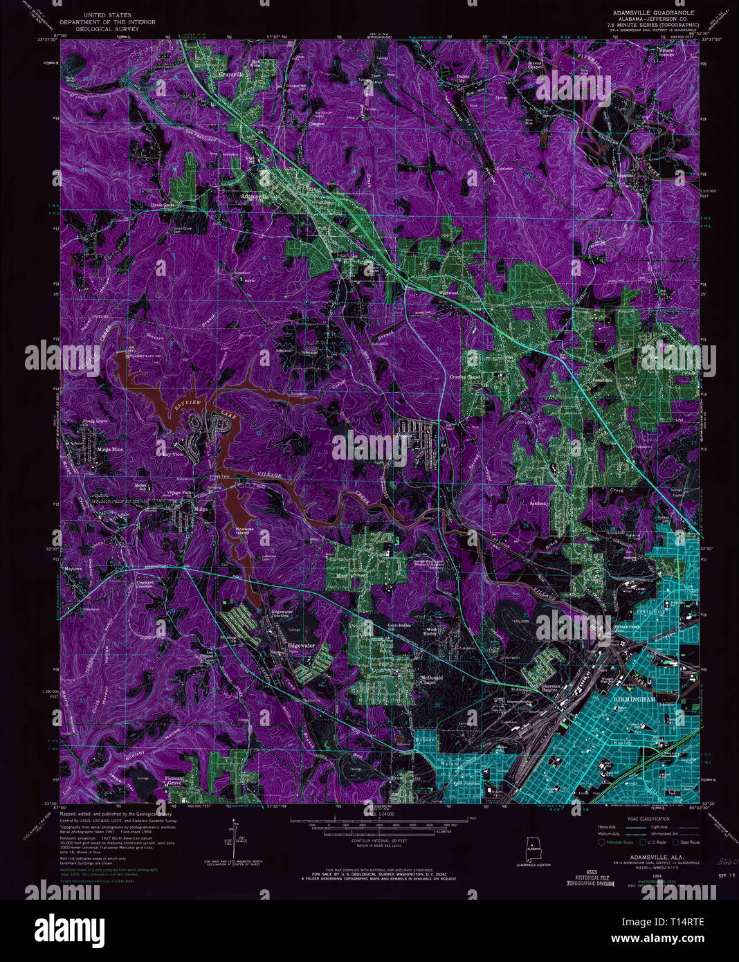 USGS TOPO Map Alabama AL Adamsville 303072 1959 24000 Inverted Stock Photo