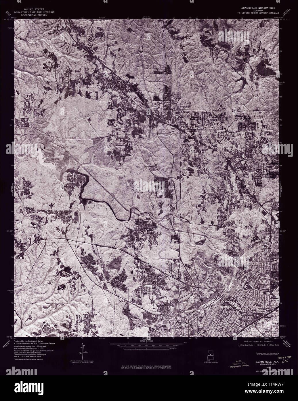 USGS TOPO Map Alabama AL Adamsville 303073 1975 24000 Inverted Stock Photo