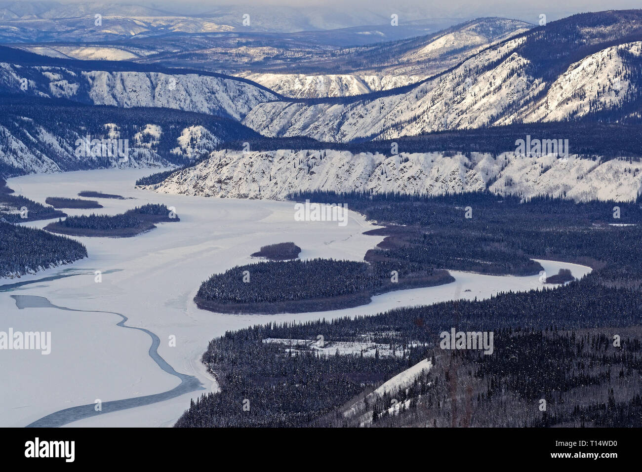 Hills and River landscape druing winter form Midnight Dome at Dawson City Stock Photo