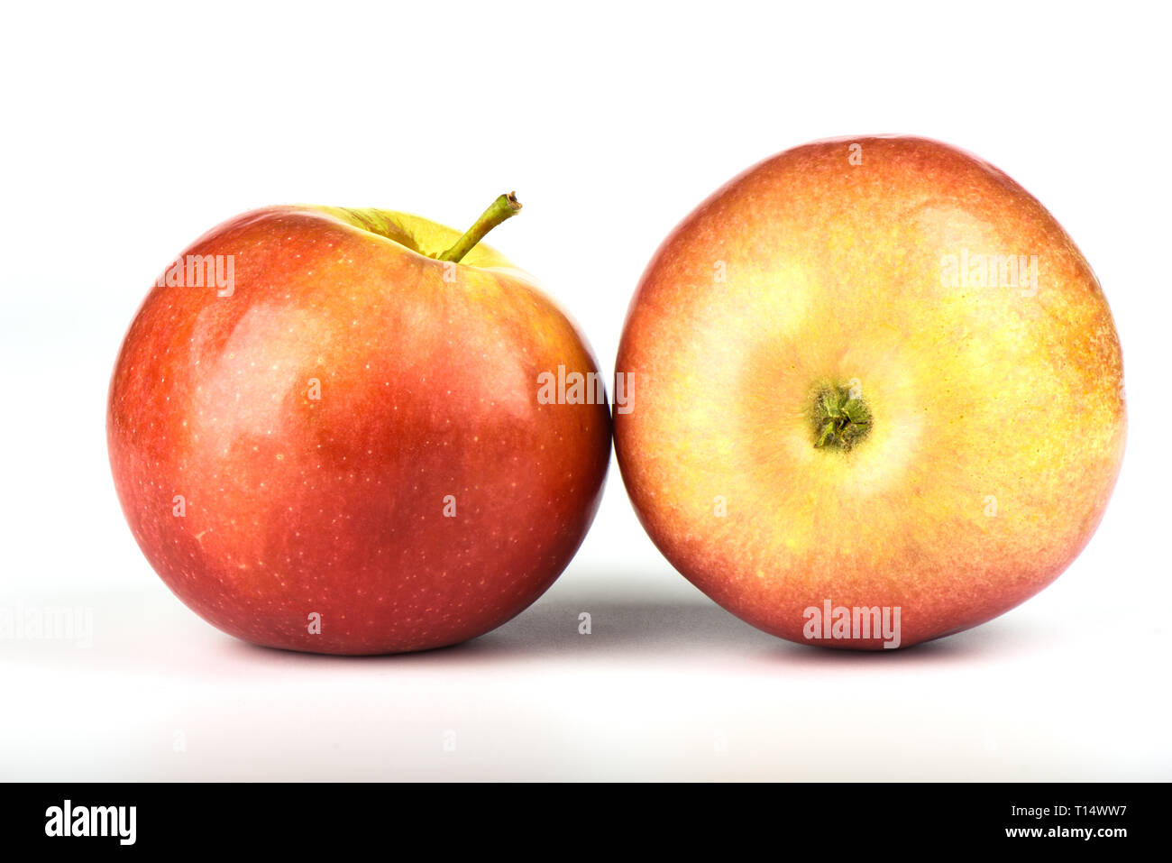 Two fresh apples closeup isolated on white background. Copy space. Stock Photo