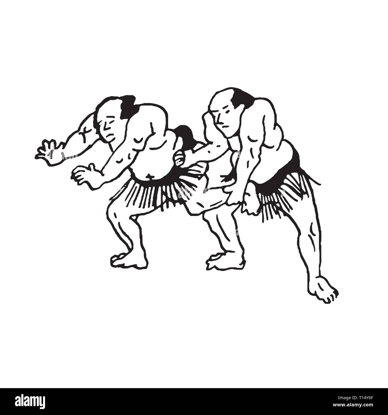 Hand drawn illustration of sumo man wrestlers fight on white background Stock Vector