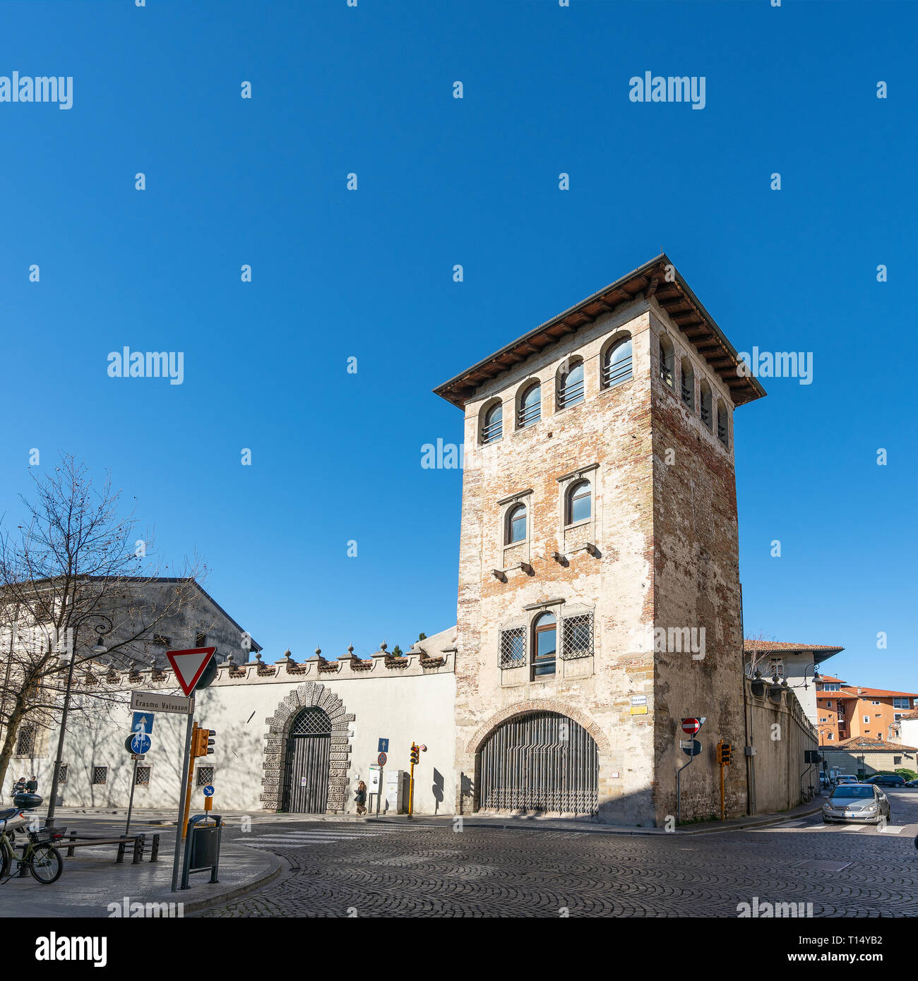 Udine, Friuli Venezia Giulia region, Italy. March 22 2019.   Torriani tower city gate also called Torre di Santa Maria Stock Photo