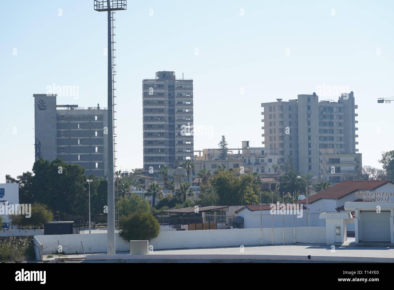 Famagusta (Varosha) is an abandoned Cypriot city of Famagusta. Before the 1974 Turkish invasion of Cyprus, it was the modern tourist area of the city. Stock Photo