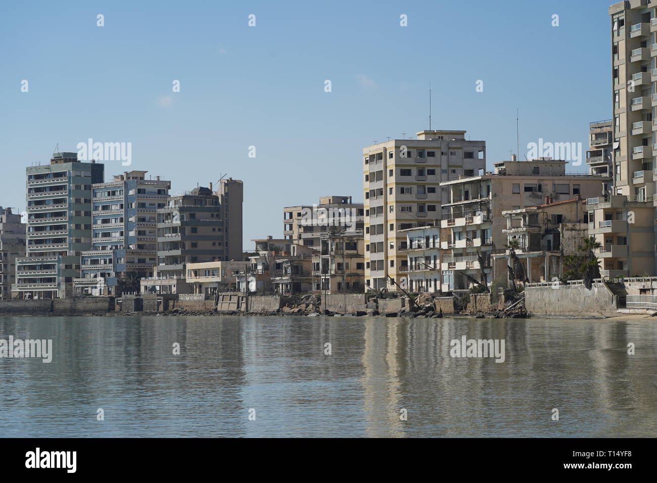 Famagusta (Varosha) is an abandoned Cypriot city of Famagusta. Before the 1974 Turkish invasion of Cyprus, it was the modern tourist area of the city. Stock Photo