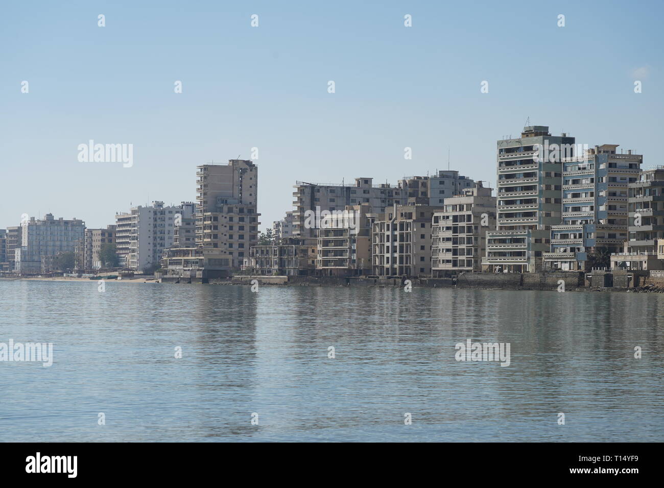 Famagusta (Varosha) is an abandoned Cypriot city of Famagusta. Before the 1974 Turkish invasion of Cyprus, it was the modern tourist area of the city. Stock Photo