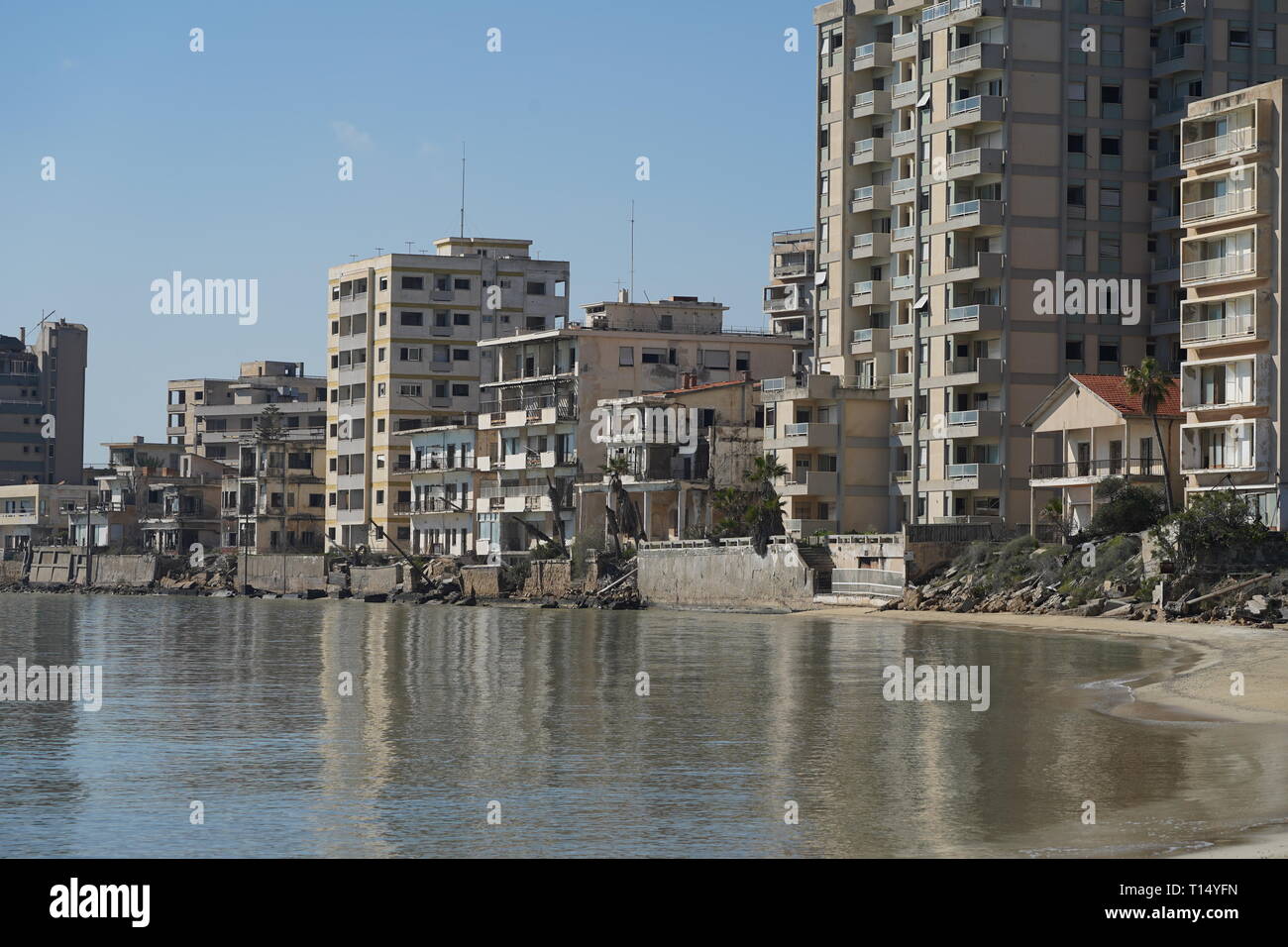 Famagusta (Varosha) is an abandoned Cypriot city of Famagusta. Before the 1974 Turkish invasion of Cyprus, it was the modern tourist area of the city. Stock Photo