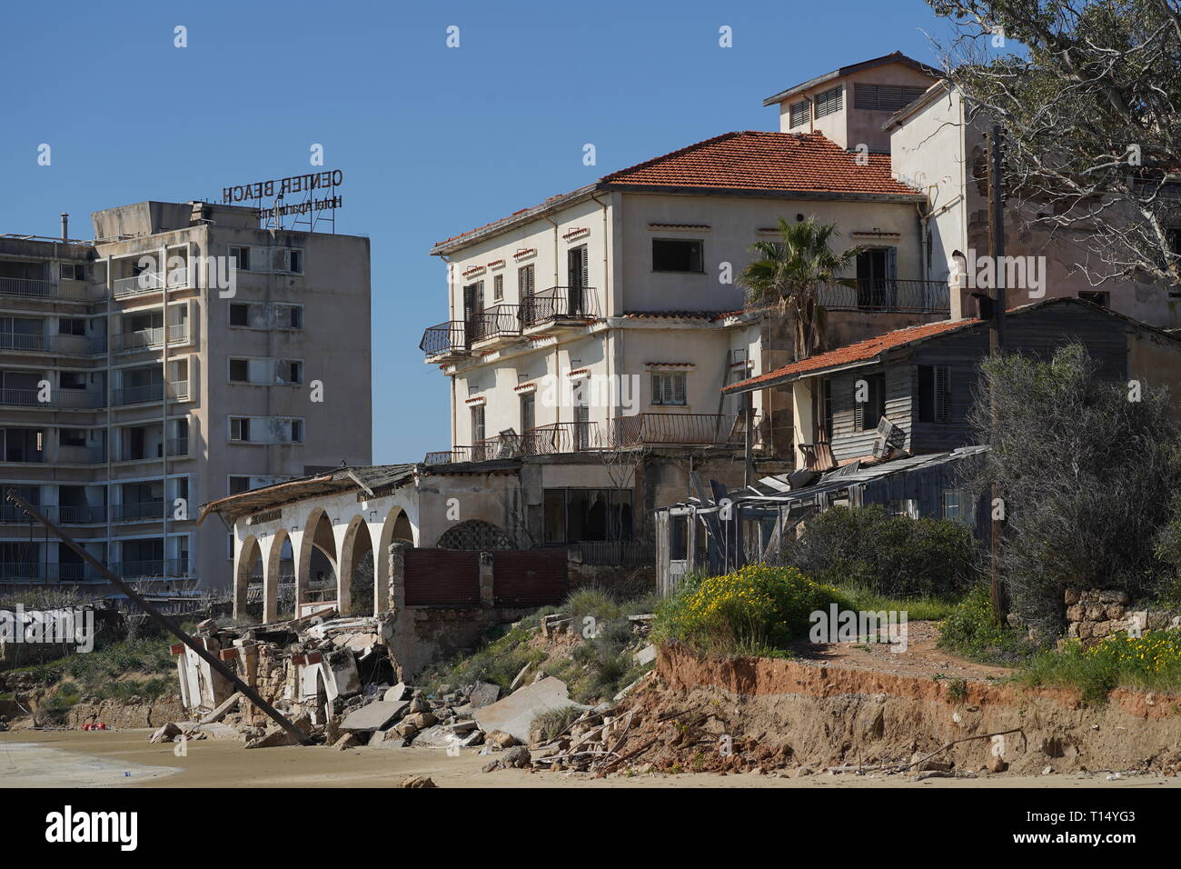 Famagusta (Varosha) is an abandoned Cypriot city of Famagusta. Before the 1974 Turkish invasion of Cyprus, it was the modern tourist area of the city. Stock Photo