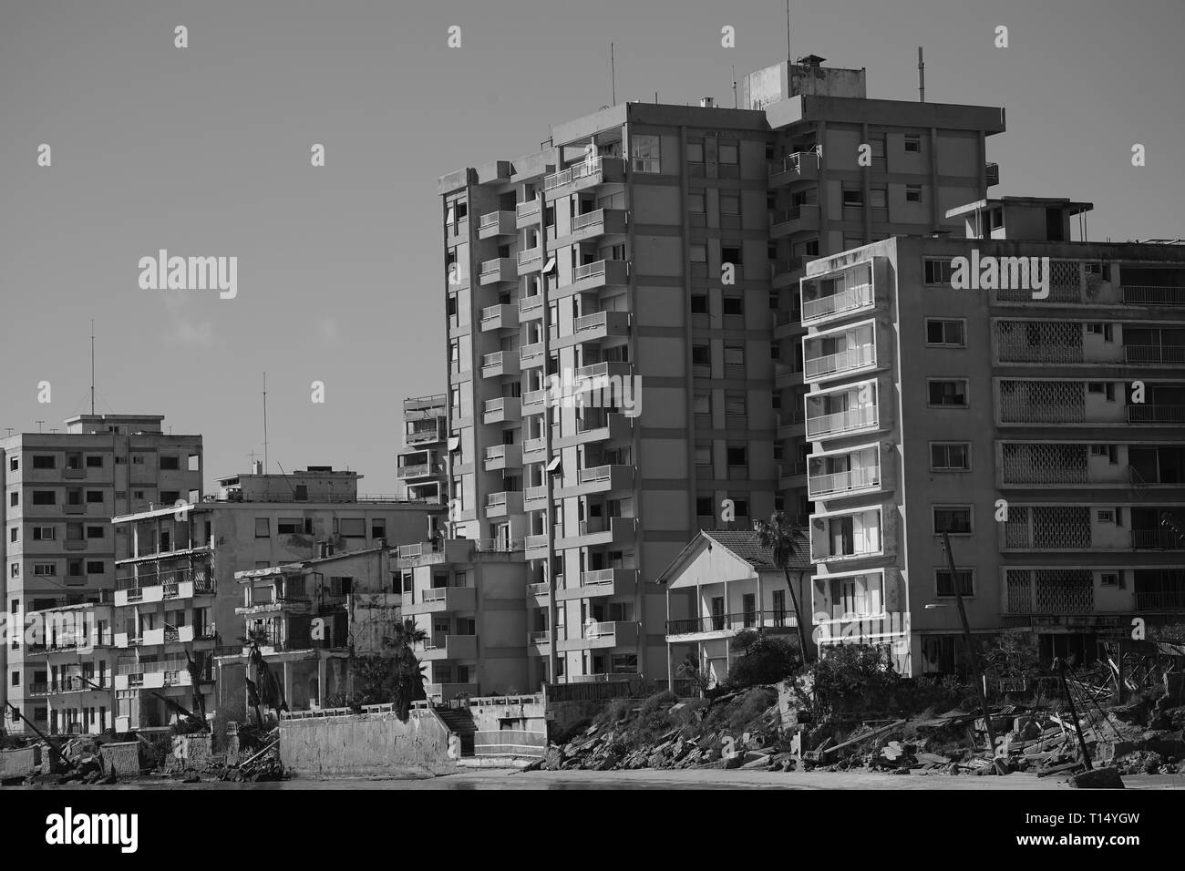 Famagusta (Varosha) is an abandoned Cypriot city of Famagusta. Before the 1974 Turkish invasion of Cyprus, it was the modern tourist area of the city. Stock Photo