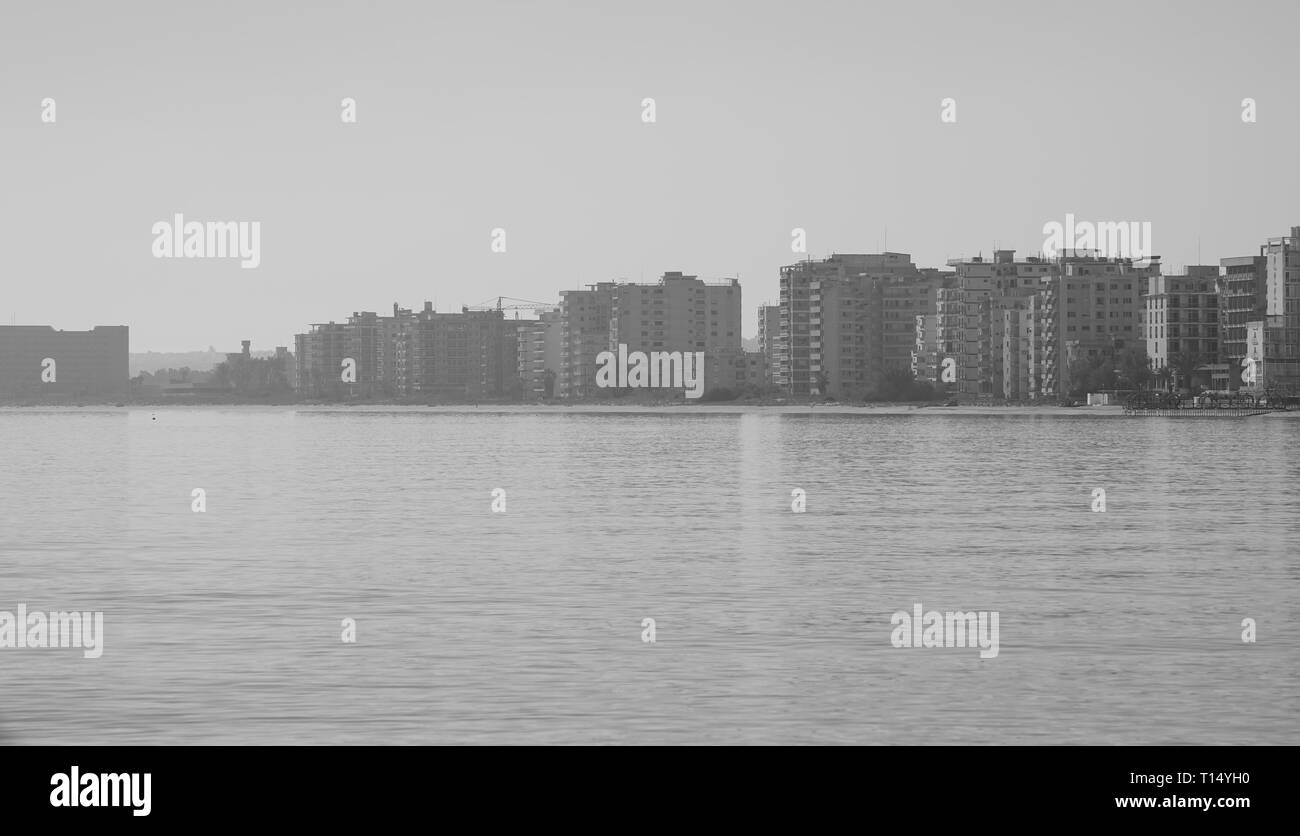 Famagusta (Varosha) is an abandoned Cypriot city of Famagusta. Before the 1974 Turkish invasion of Cyprus, it was the modern tourist area of the city. Stock Photo