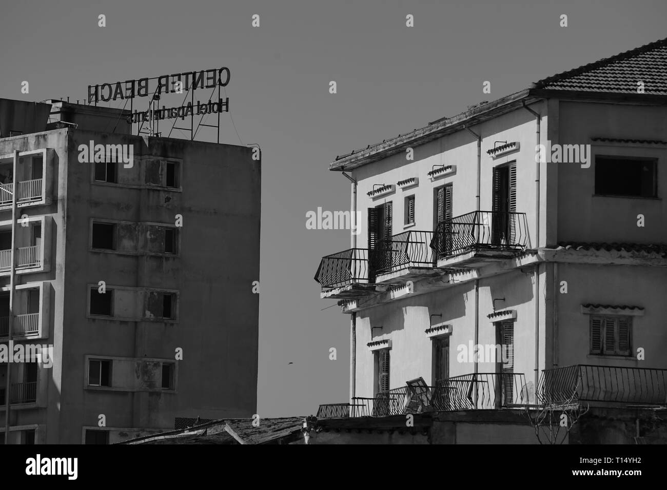 Famagusta (Varosha) is an abandoned Cypriot city of Famagusta. Before the 1974 Turkish invasion of Cyprus, it was the modern tourist area of the city. Stock Photo