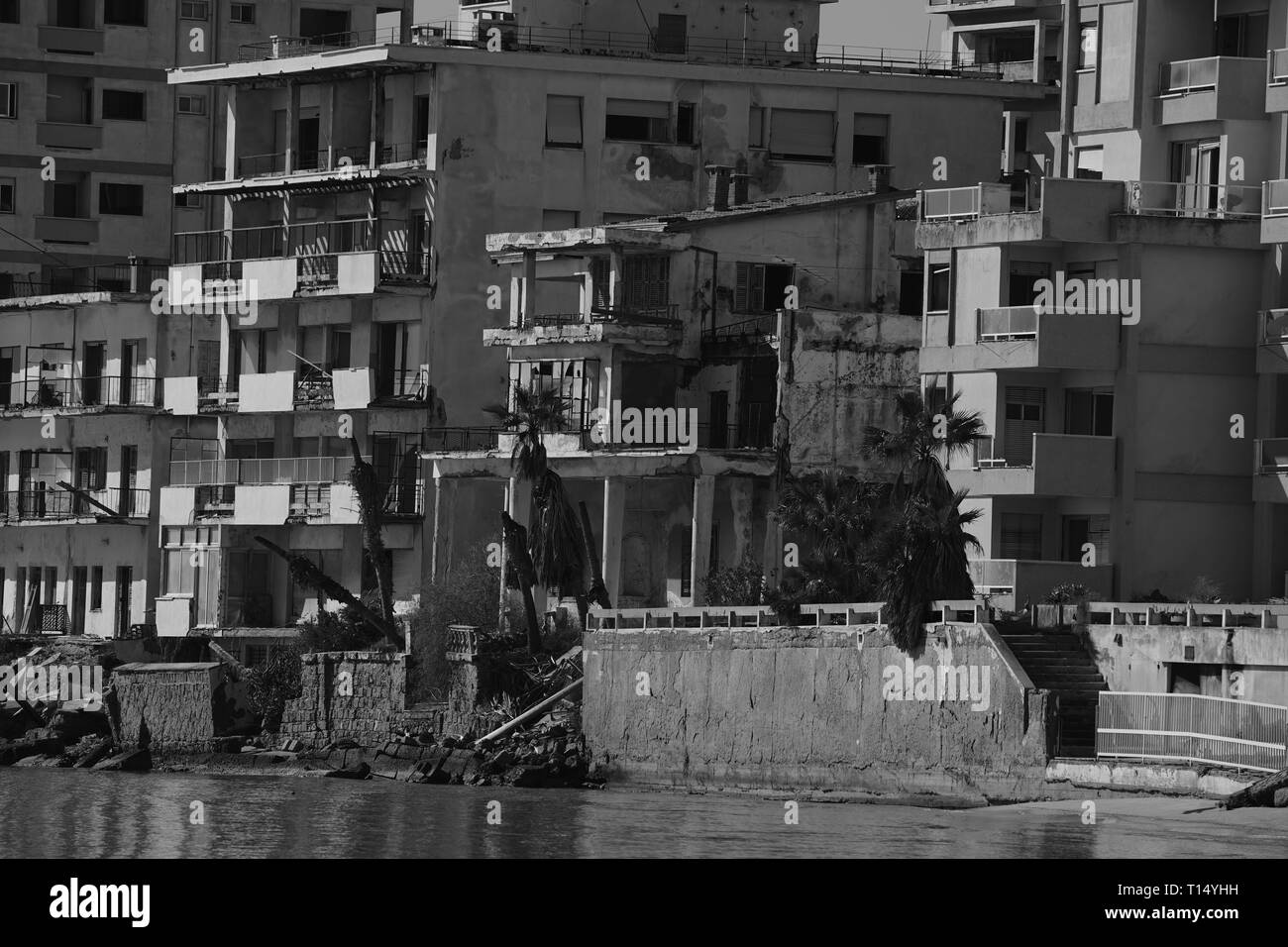 Famagusta (Varosha) is an abandoned Cypriot city of Famagusta. Before the 1974 Turkish invasion of Cyprus, it was the modern tourist area of the city. Stock Photo