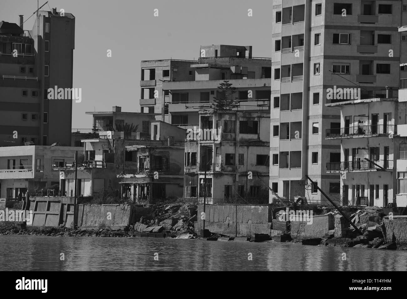 Famagusta (Varosha) is an abandoned Cypriot city of Famagusta. Before the 1974 Turkish invasion of Cyprus, it was the modern tourist area of the city. Stock Photo