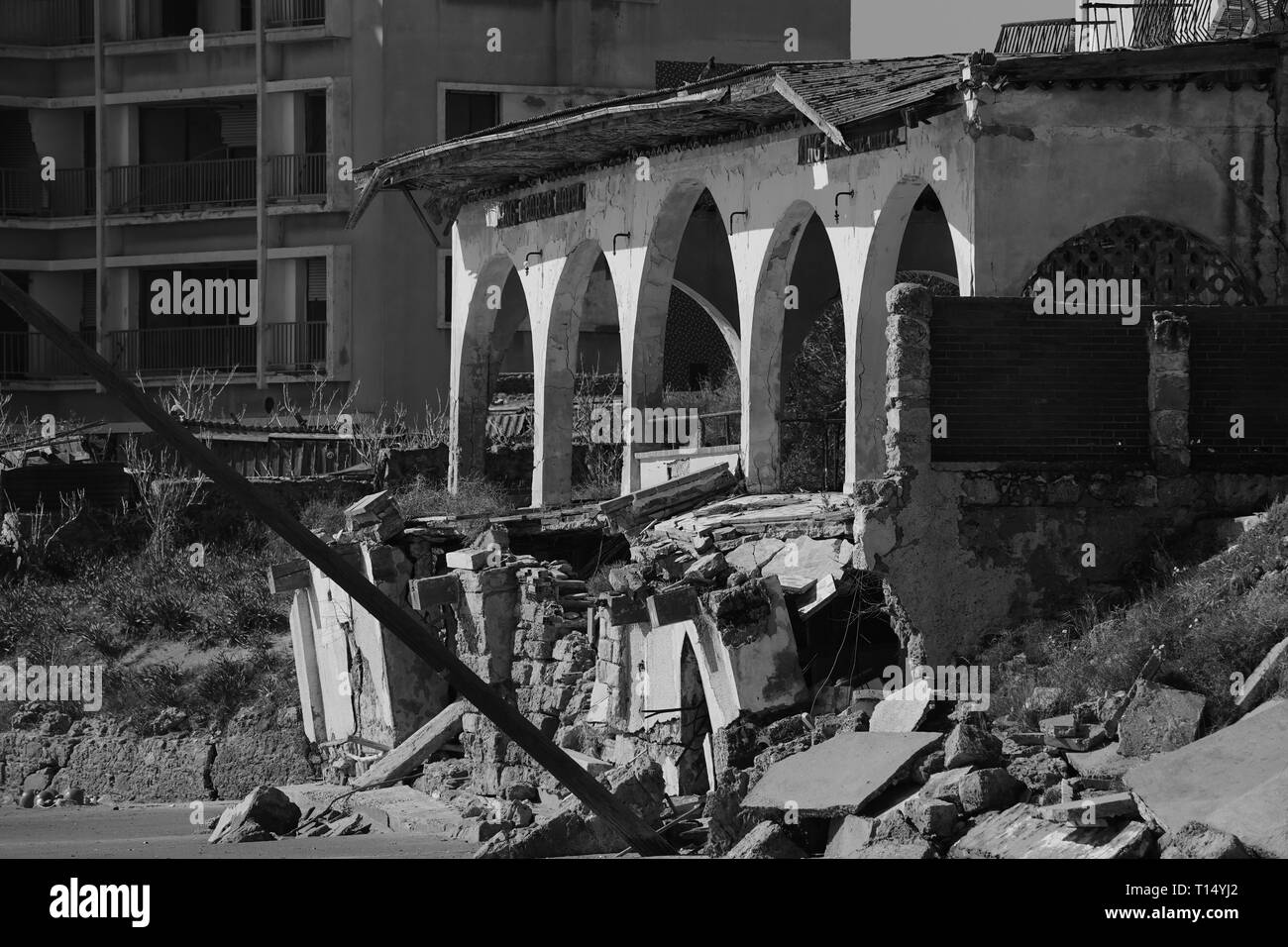 Famagusta (Varosha) is an abandoned Cypriot city of Famagusta. Before the 1974 Turkish invasion of Cyprus, it was the modern tourist area of the city. Stock Photo