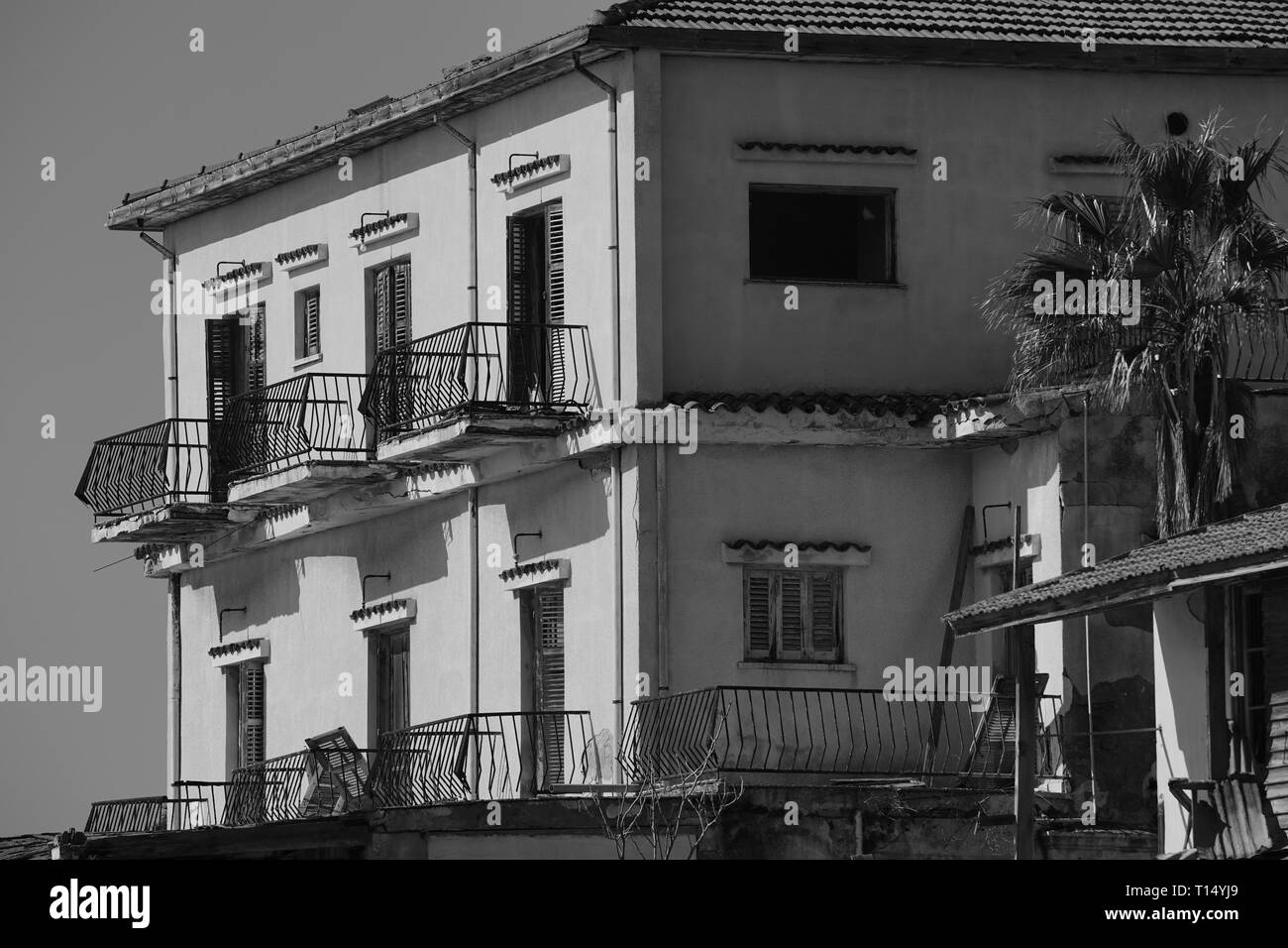 Famagusta (Varosha) is an abandoned Cypriot city of Famagusta. Before the 1974 Turkish invasion of Cyprus, it was the modern tourist area of the city. Stock Photo