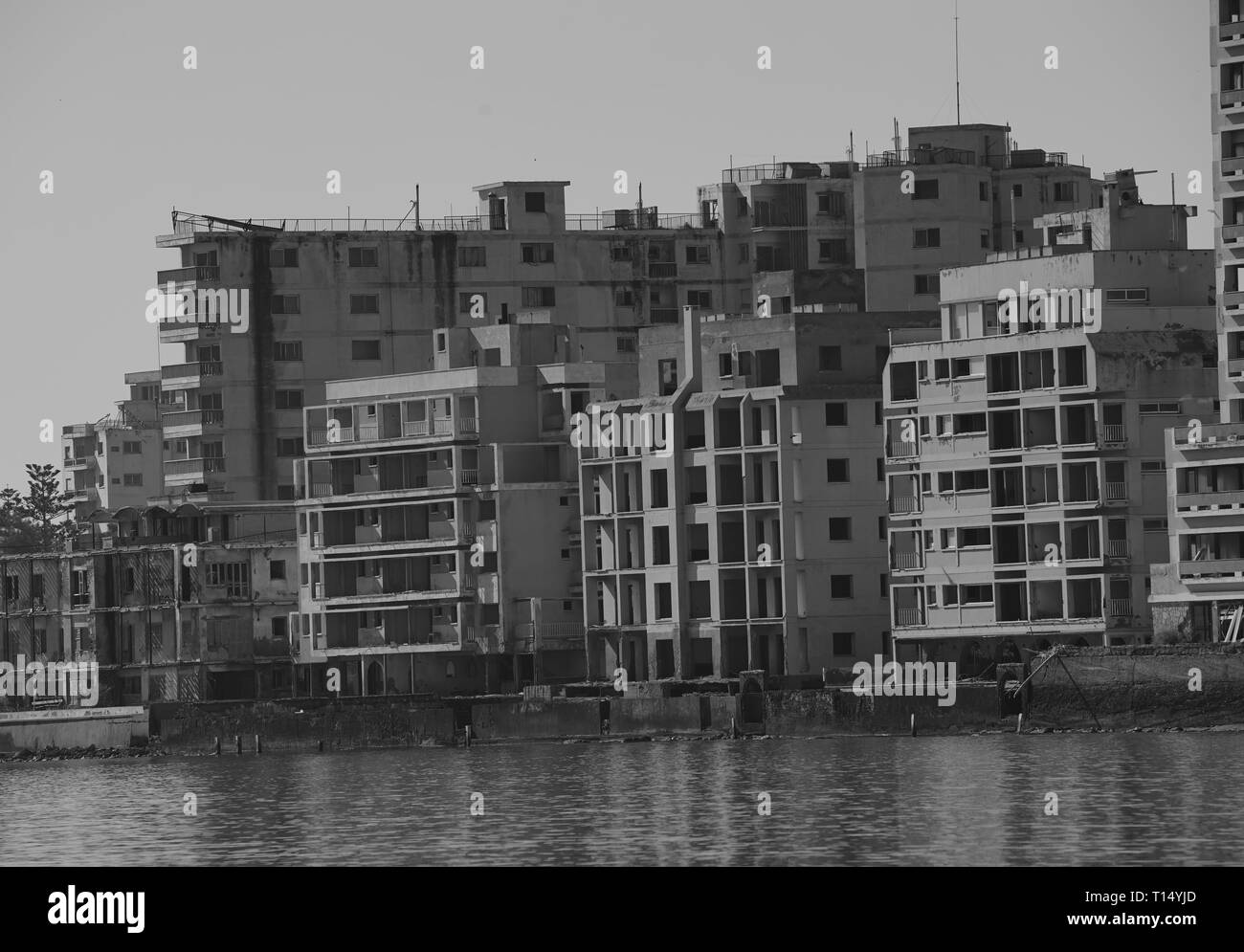 Famagusta (Varosha) is an abandoned Cypriot city of Famagusta. Before the 1974 Turkish invasion of Cyprus, it was the modern tourist area of the city. Stock Photo