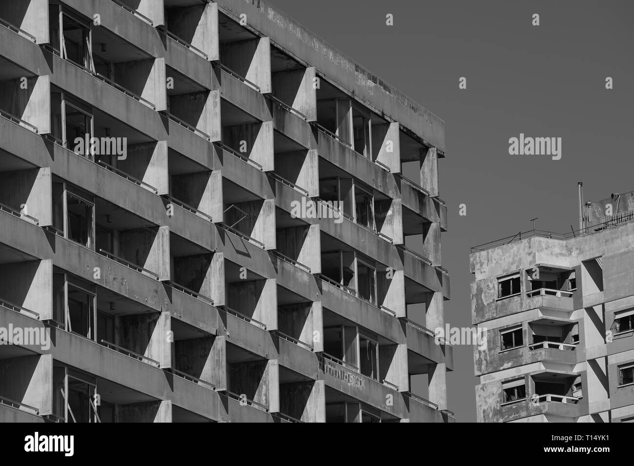 Famagusta (Varosha) is an abandoned Cypriot city of Famagusta. Before the 1974 Turkish invasion of Cyprus, it was the modern tourist area of the city. Stock Photo