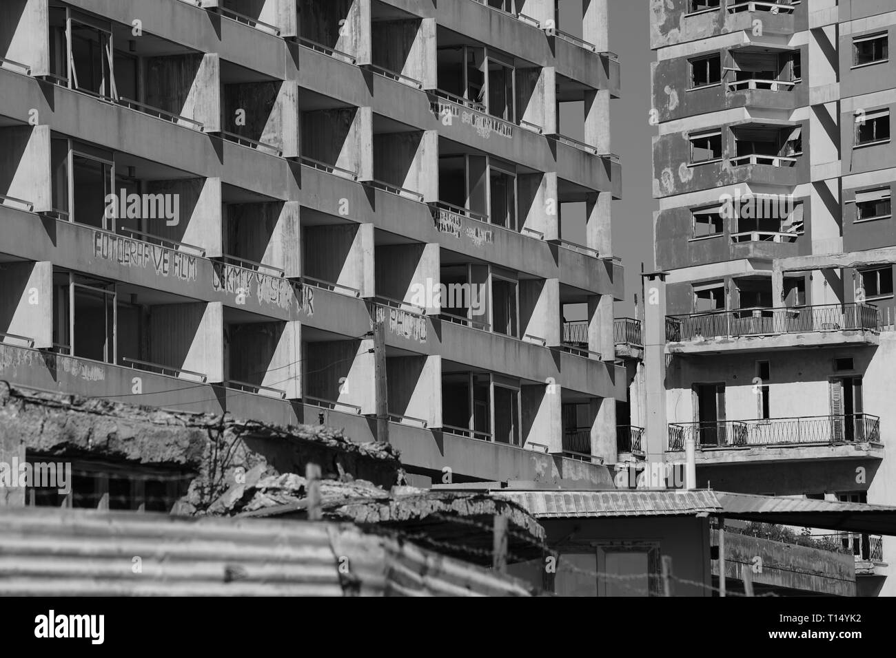 Famagusta (Varosha) is an abandoned Cypriot city of Famagusta. Before the 1974 Turkish invasion of Cyprus, it was the modern tourist area of the city. Stock Photo