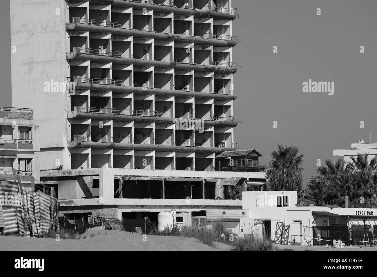 Famagusta (Varosha) is an abandoned Cypriot city of Famagusta. Before the 1974 Turkish invasion of Cyprus, it was the modern tourist area of the city. Stock Photo