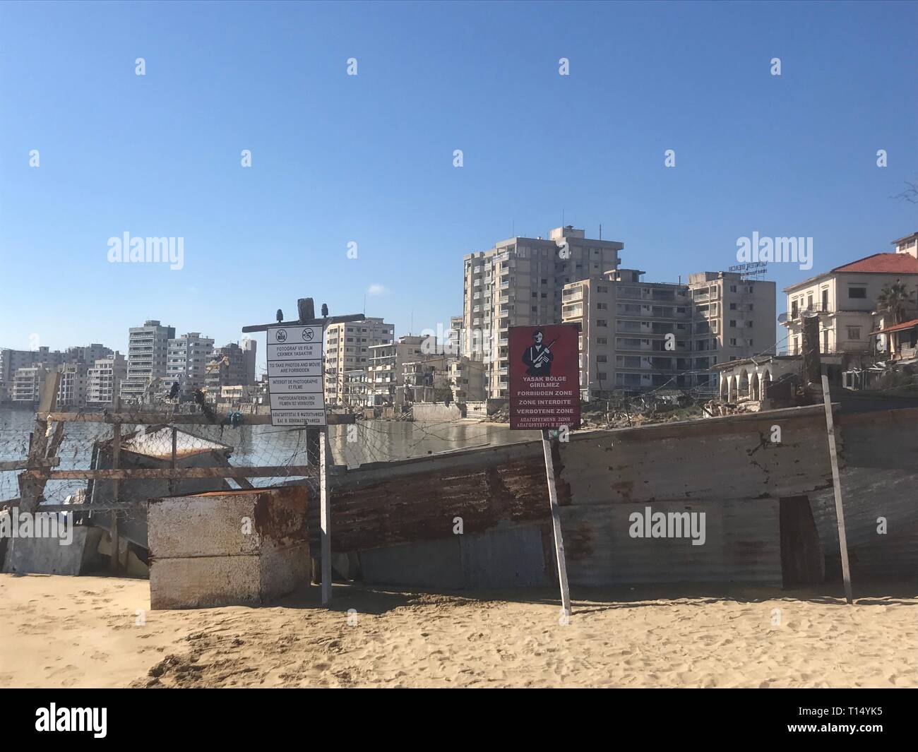 Famagusta (Varosha) is an abandoned Cypriot city of Famagusta. Before the 1974 Turkish invasion of Cyprus, it was the modern tourist area of the city. Stock Photo