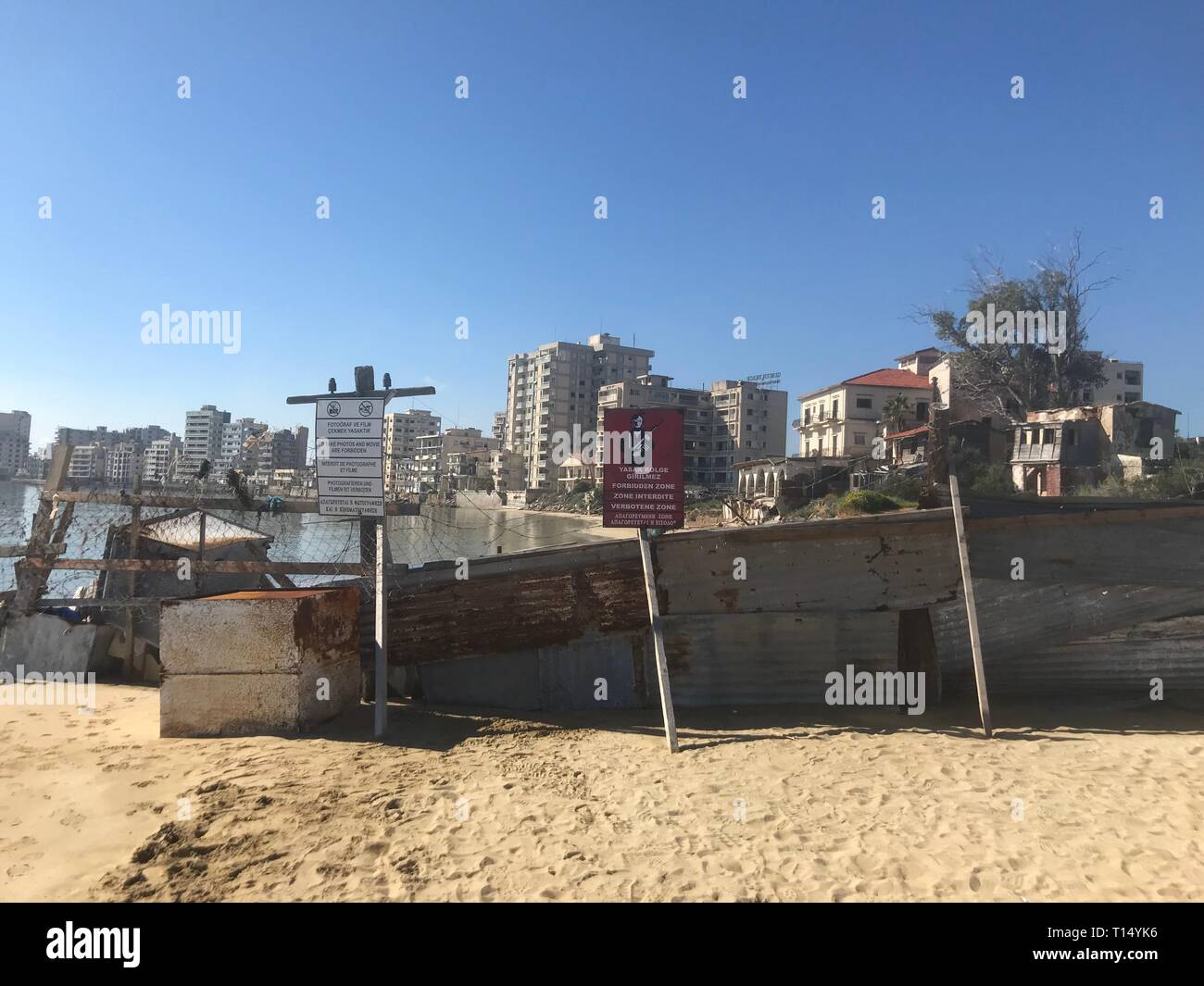 Famagusta (Varosha) is an abandoned Cypriot city of Famagusta. Before the 1974 Turkish invasion of Cyprus, it was the modern tourist area of the city. Stock Photo