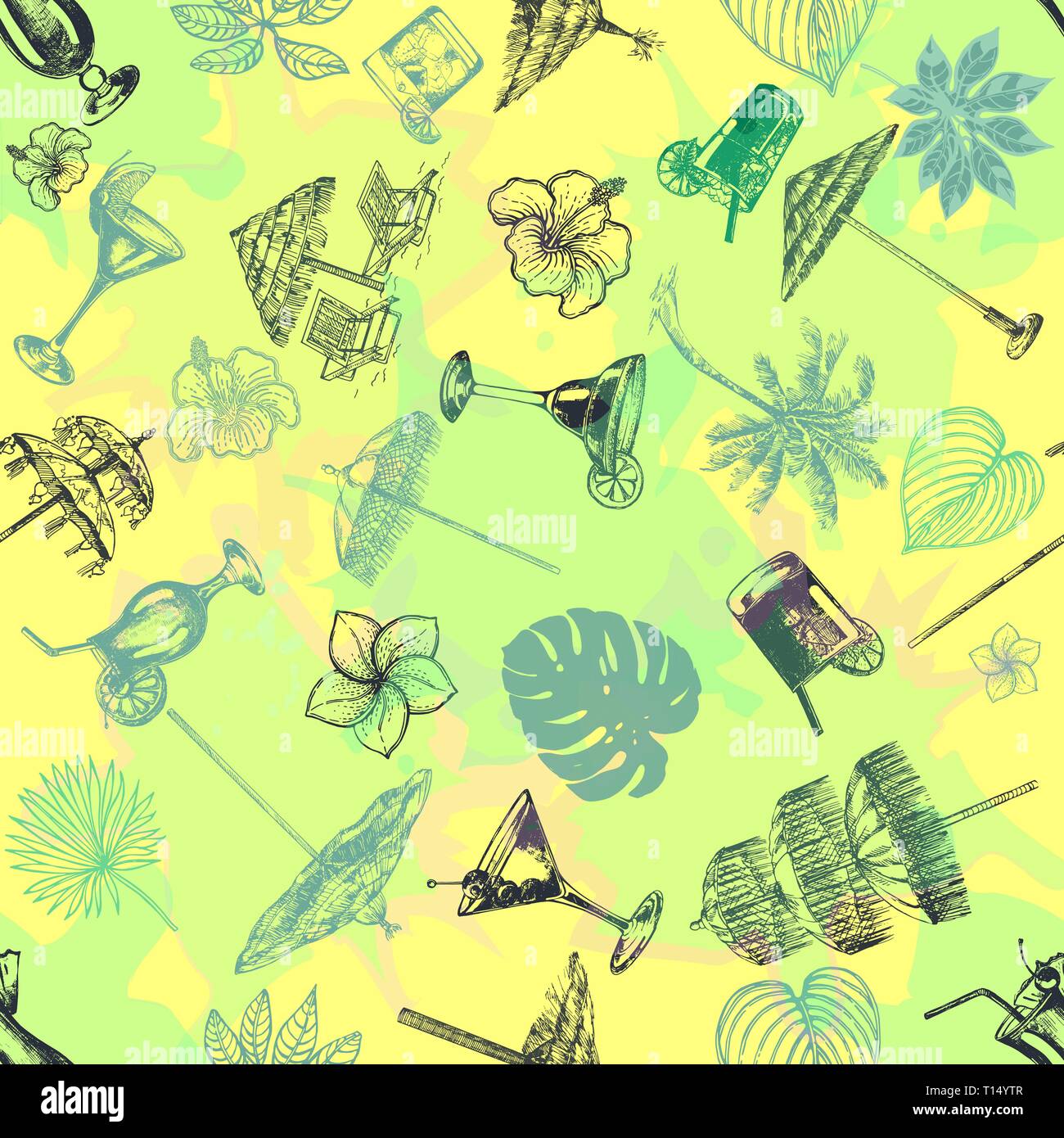 Seamless pattern of hand drawn sketch style different umbrellas, tropical plants and cocktails. Vector illustration. Stock Vector