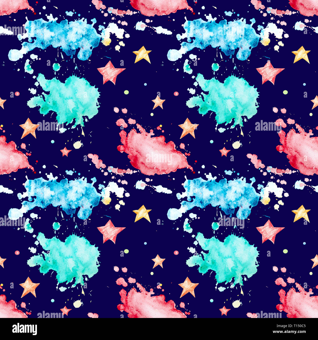 Seamless pattern with multicolored watercolor blots and stars on the background of the night dark sky and stars. Watercolor spots of green, blue and r Stock Photo