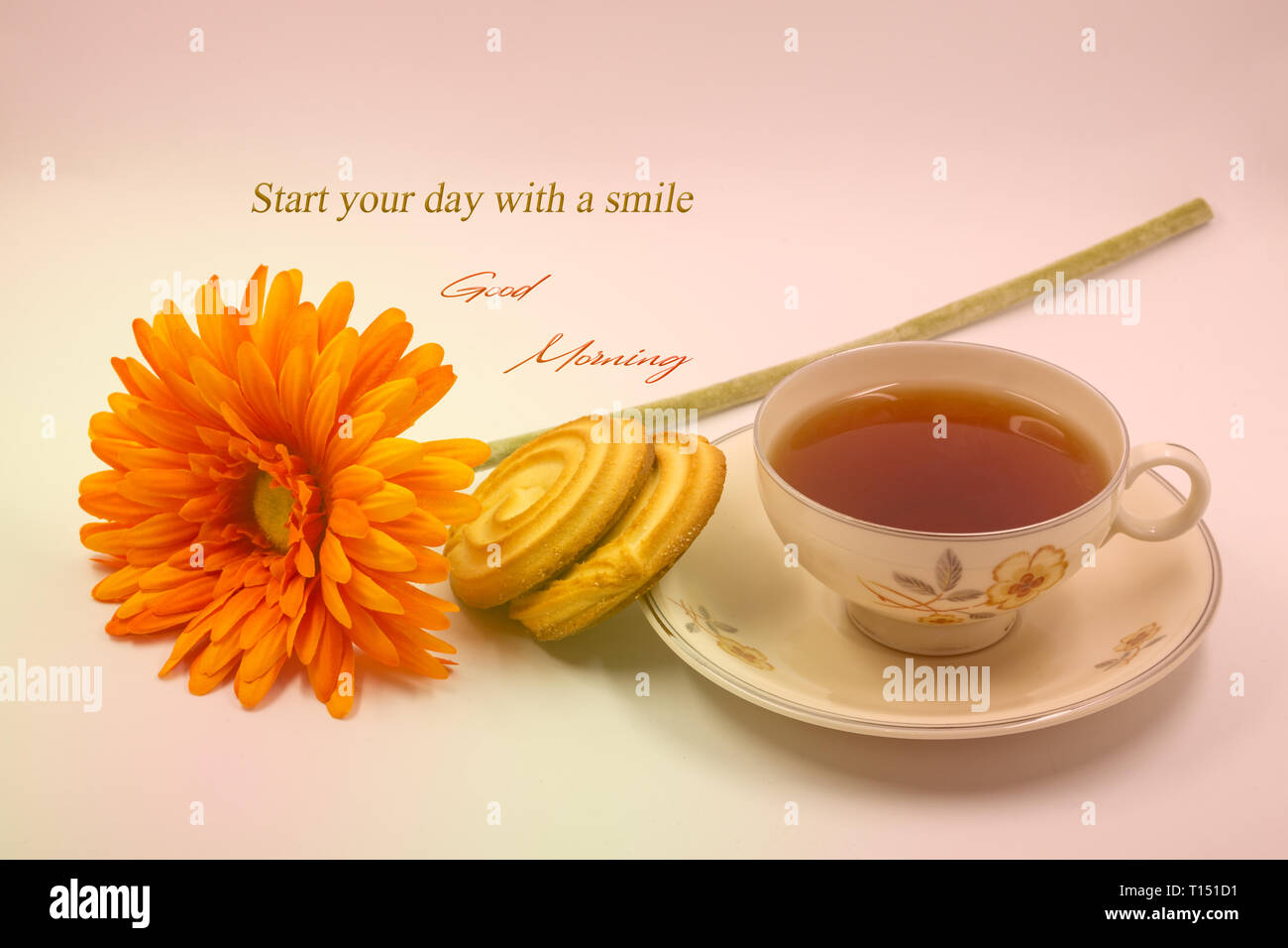 a good morning text photo with tea and cookies Stock Photo - Alamy