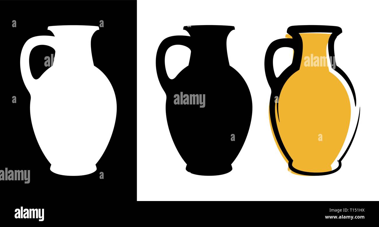 Vector amphora image in yellow color and silhouettes in white and black background isolated in flat style Stock Vector