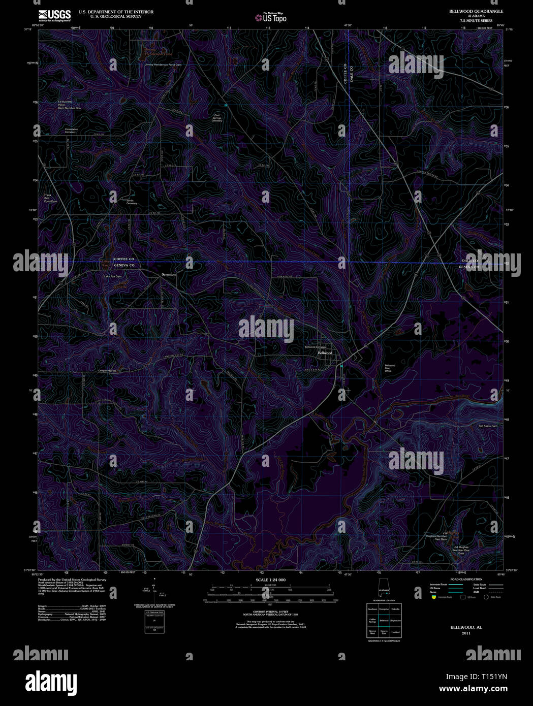 USGS TOPO Map Alabama AL Bellwood 20110912 TM Inverted Stock Photo Alamy