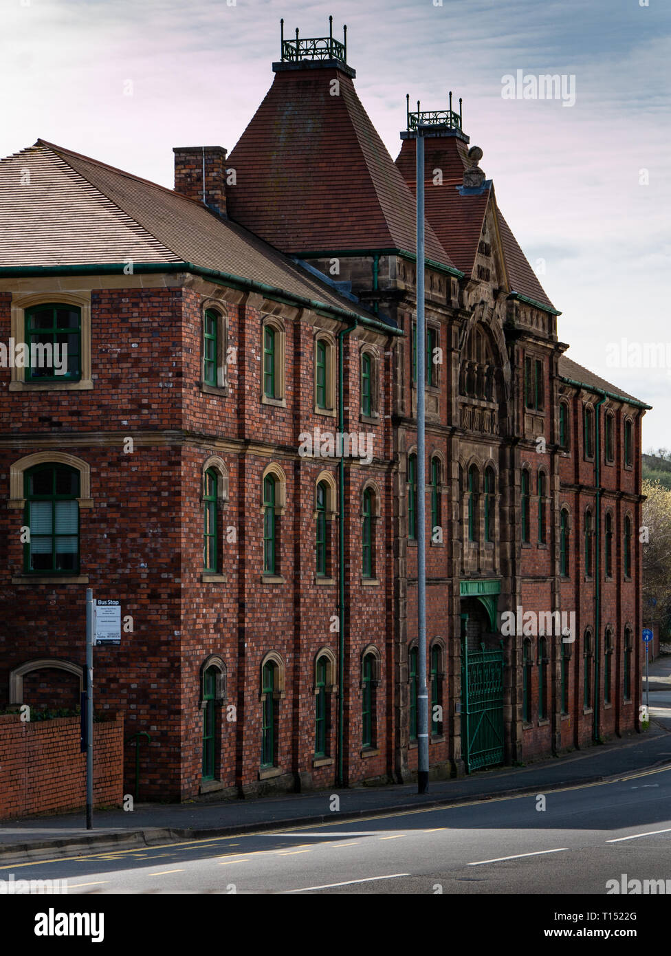 Facade of the old Twyfords bathrooms factory at Cliffe Vale, Stoke-on-Trent, Staffordshire, UK. Now Lock 38 apartments behind the restored facade Stock Photo