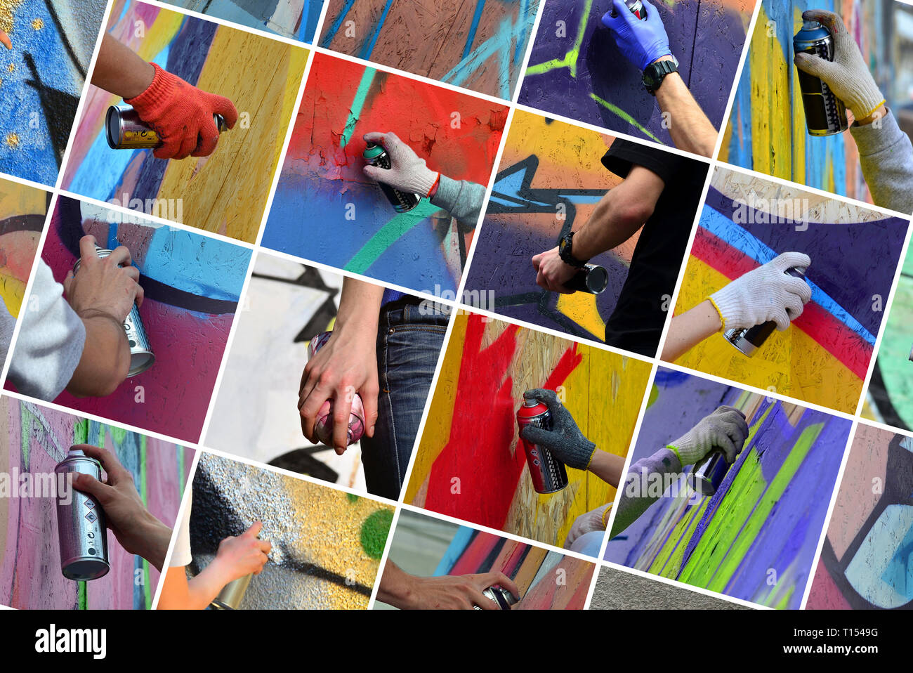A set of many small images of hands with paint cans in the process of ...