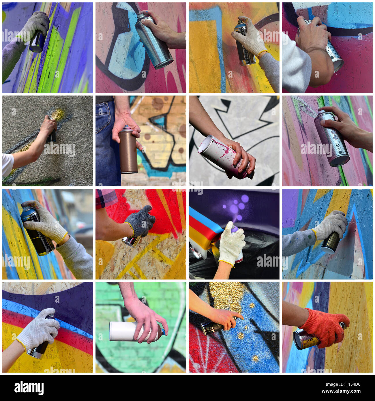 A set of many small images of hands with paint cans in the process of ...