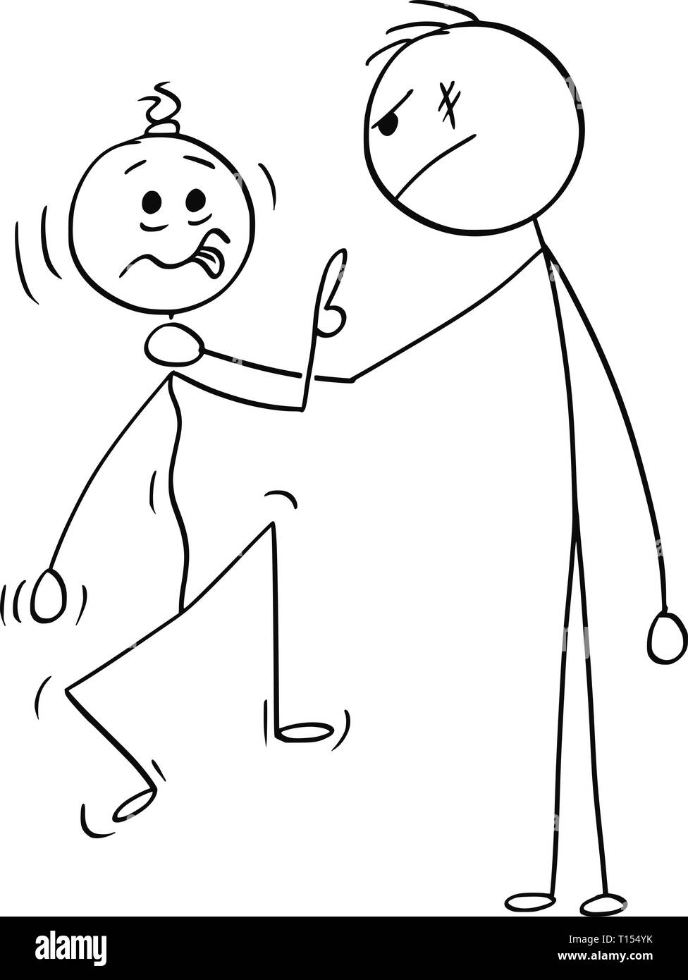 Cartoon stick figure drawing conceptual illustration of big and strong man holding smaller and weaker man's neck and strangling him and holding him in the air. Stock Vector