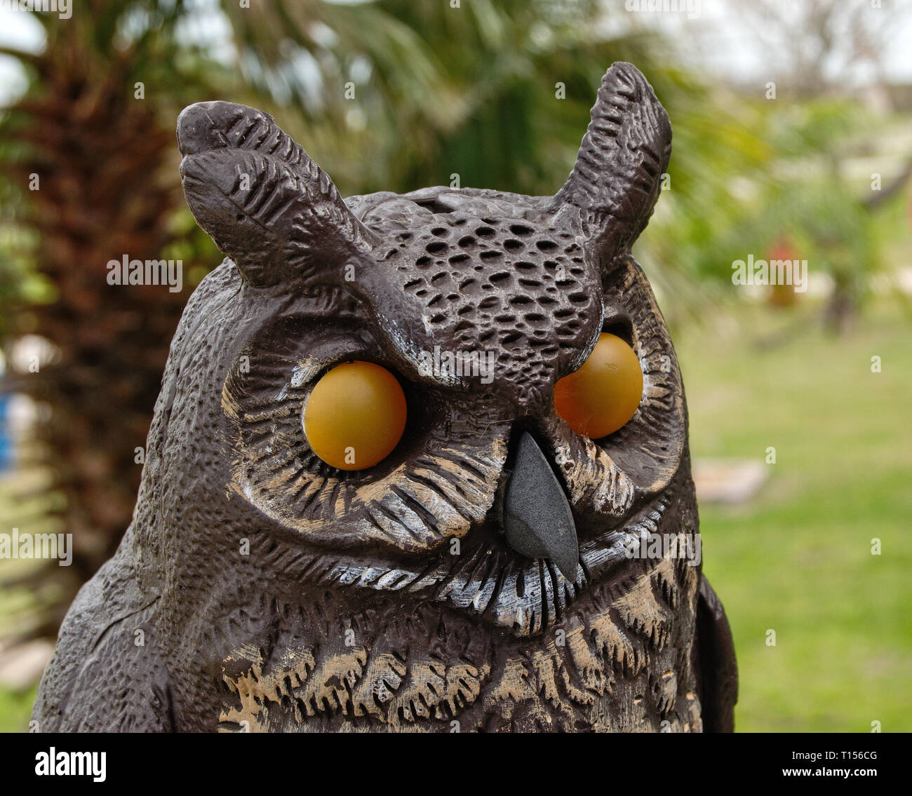 Cement owl in the garden to deter birds Stock Photo Alamy