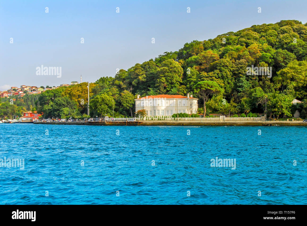 Istanbul, Turkey, 2 September 2007: Water Mansion and boats of Cubuklu at Beykoz district of Istanbul Stock Photo