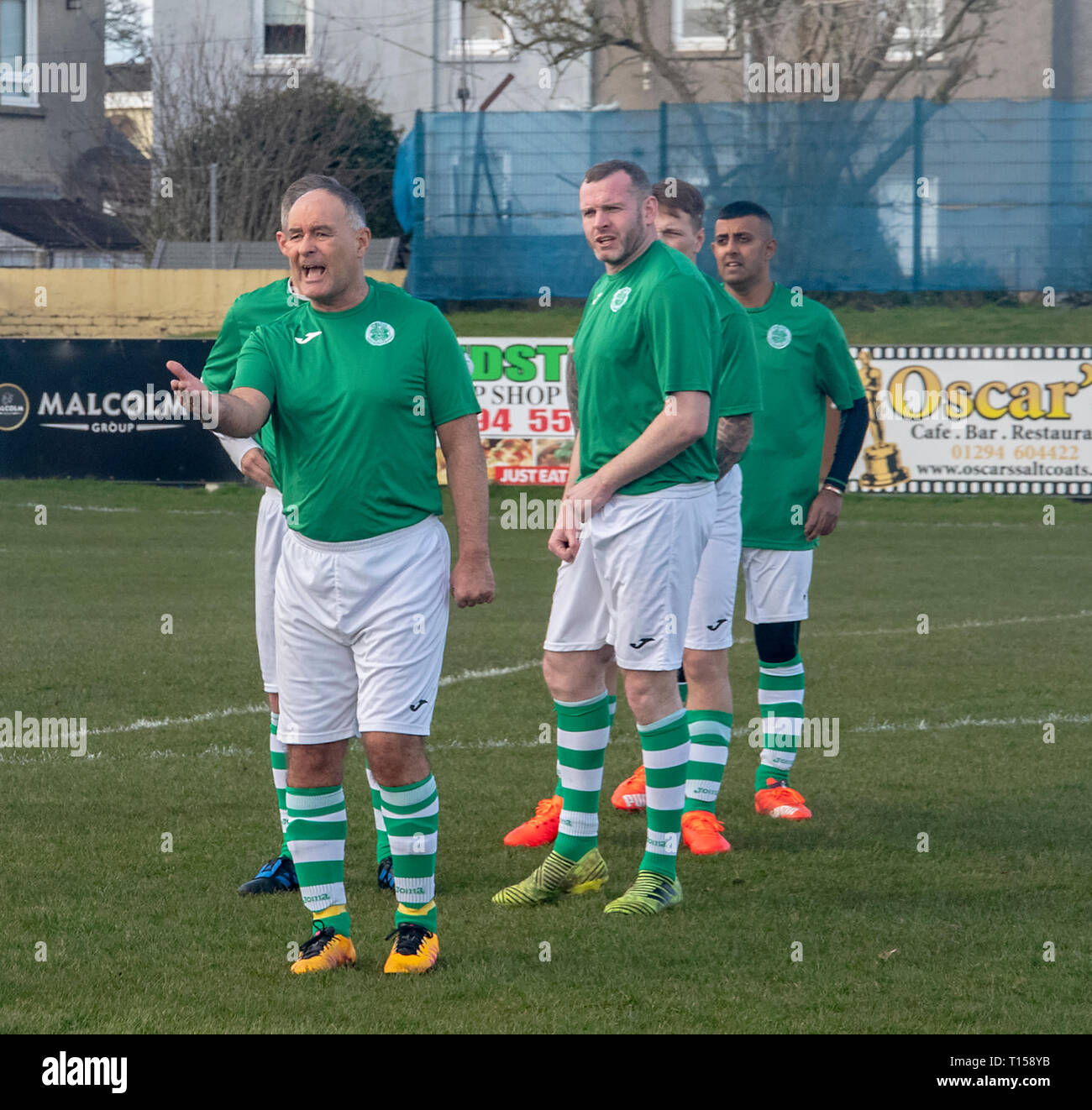 KILWINNING, SCOTLAND - 17th MARCH 2019: Tommy Sheridan giving orders to other Celtic players during a warm-up. Stock Photo