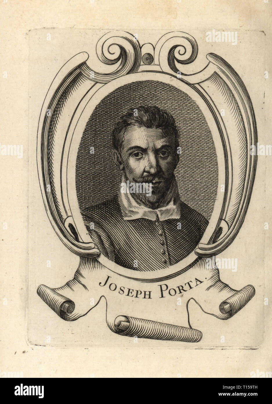 Portrait of Giuseppe Porta, Italian painter of the late-Renaissance period, 1520-1575. Joseph Porta. Copperplate engraving from Antoine-Joseph Dezallier dâ€™Argenvilleâ€™s Abrege de la vie des plus fameux peintres, Lives of the most Famous Artists, de Bure lâ€™Aine, Paris, 1762. Stock Photo